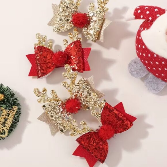 4pcs Festive Christmas Reindeer Antler Bow Hair Clips - Picture 1 of 4